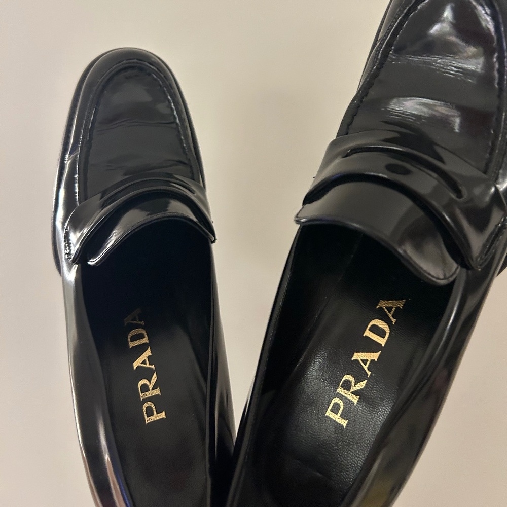 Prada Black Patent Leather Heeled Loafers